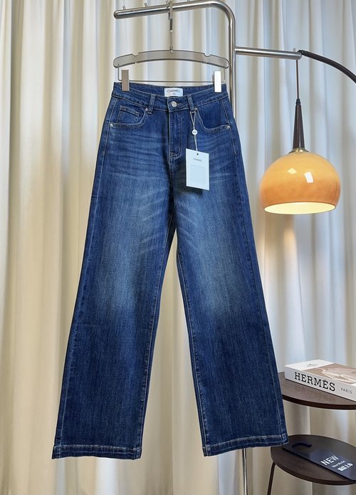 Chanel Custom Stretch Denim Wide-leg Jeans with Logo