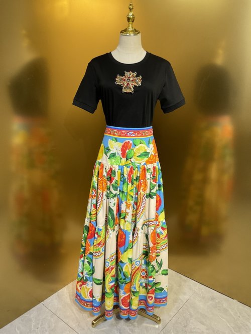 Dolce & Gabbana Wheel Lemon Cotton Print Full-Skirt