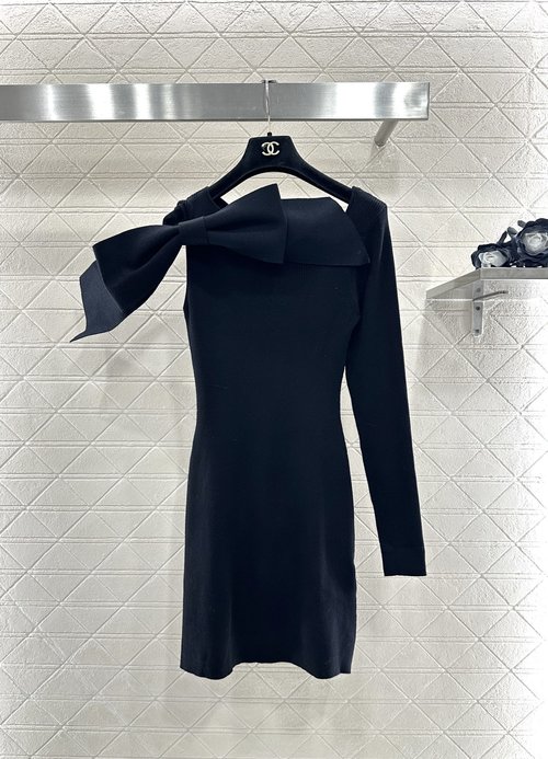 Chanel One-Sleeve Bow-Knit Dress with Double C Accents, Elegant and Chic