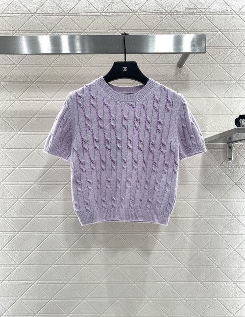 Gucci Slim-Fit Knit Short-Sleeve with Crochet Twisted Stripes and Rhinestones