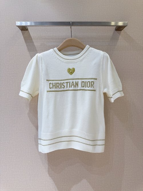 Dior Soft Knit Short-Sleeve Top with Round Neck and Golden Accents