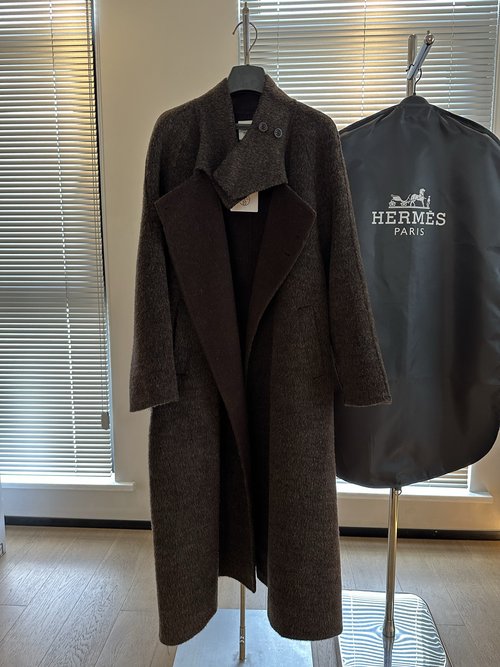 Hermes Classic Dark Alpaca Suede Collared Woolen Overcoat
