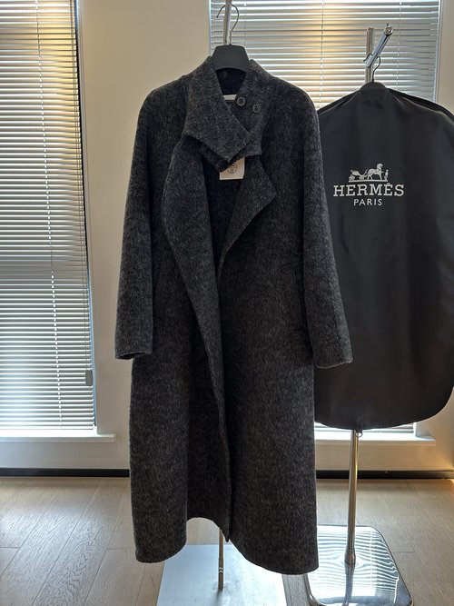 Hermes Classic Dark Alpaca Suede-Collared Wool Overcoat