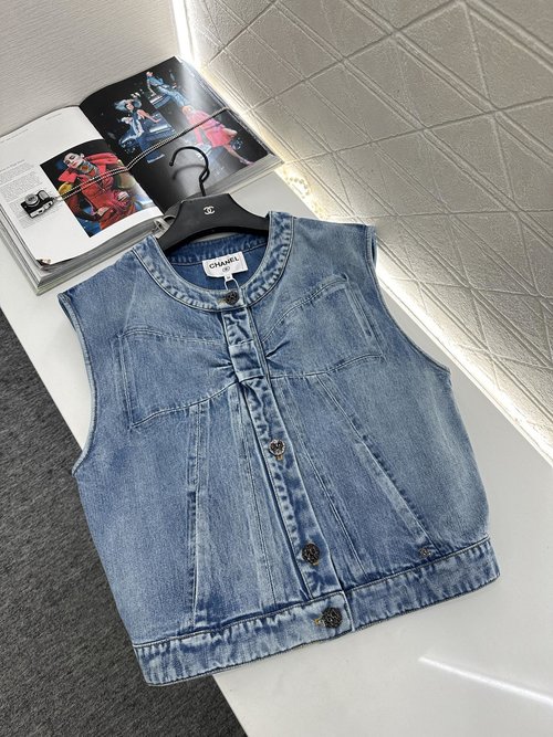 Chanel Custom Denim Bowknot Vest with Water Drill Double C Decoration