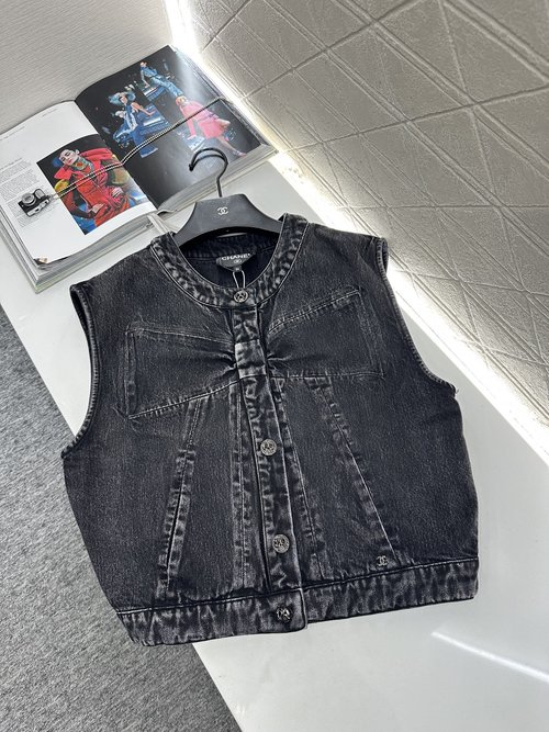 Chanel Custom Denim Bowknot Vest with Water Drill Double C Decoration