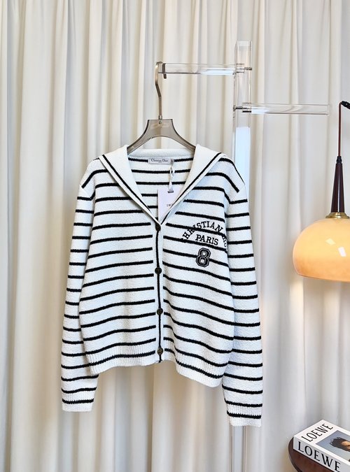 Dior Custom-woven Wool Navy Collar Cardigan with Embroidered Logo