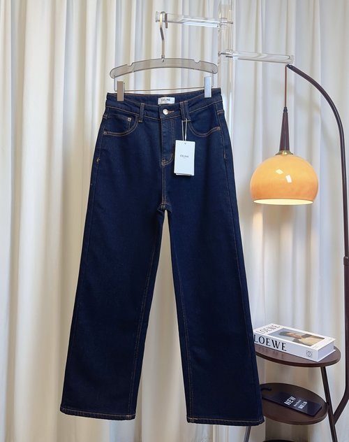 Celine Back Pocket Logo Fleece Straight Jeans, High-Elastic