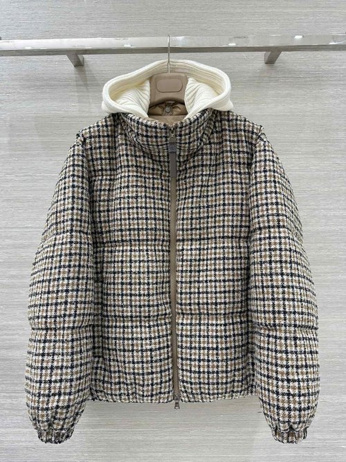 Brunello Cucinelli Imitated Two-piece Checked Down Jacket, Elegant and Slimming
