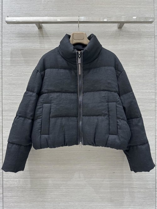 Brunello Cucinelli Chain-Elemented Silver Linen Down Jacket with H-Shape Design