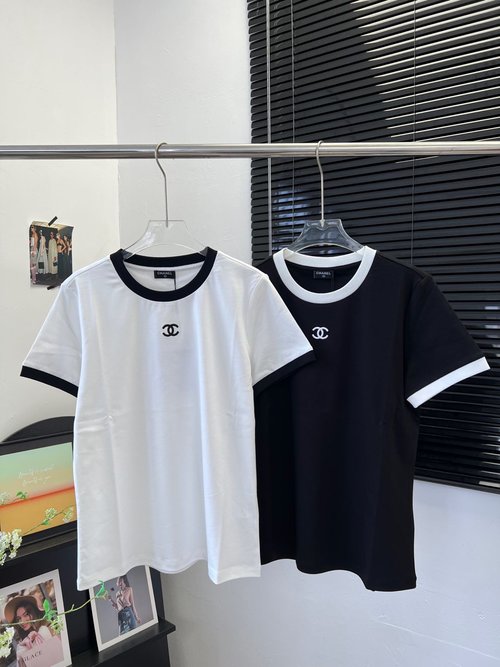 Chanel Cotton Round Neck T-Shirt with Embroidered Logo, Contrast Collar