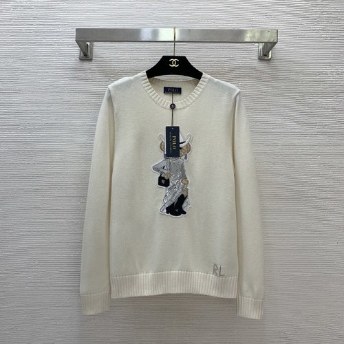 Polo Ralph Lauren High-End Customized Silver Yarn Knit Top with Sequin Bear Logo