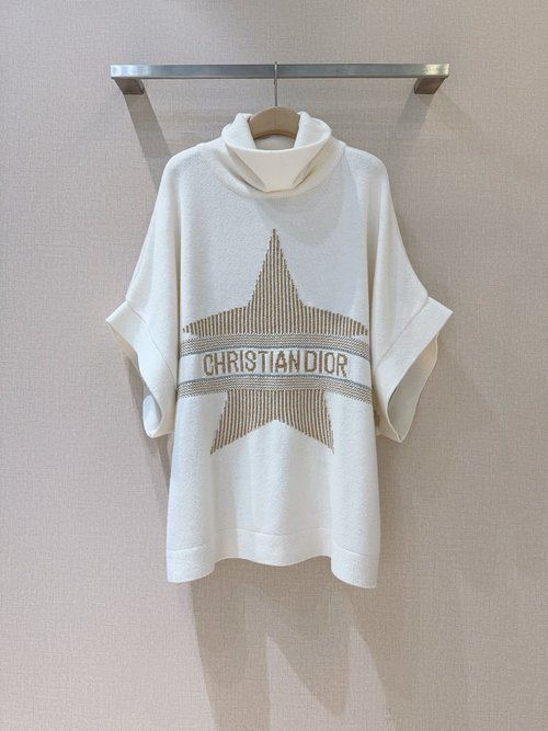 Dior High-Collar Batwing Knit Top, Casual Chic