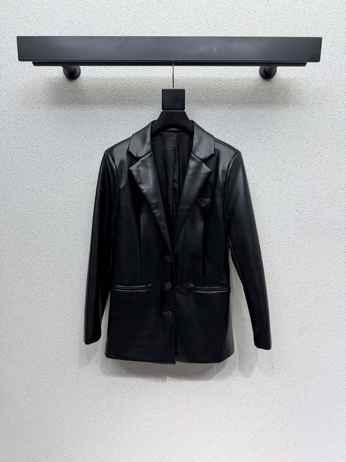 Prada Pu Leather Suit Jacket with Triangle Logo: Unique and Elegant Design