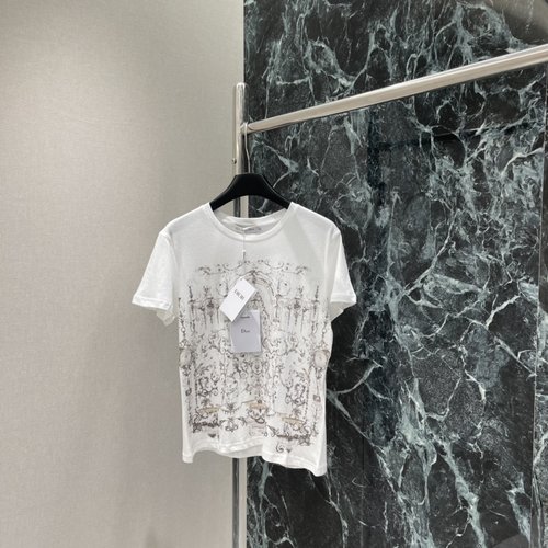 Dior Baroque Printed White T-Shirt, Classic Round Neck, Comfortable and Stylish