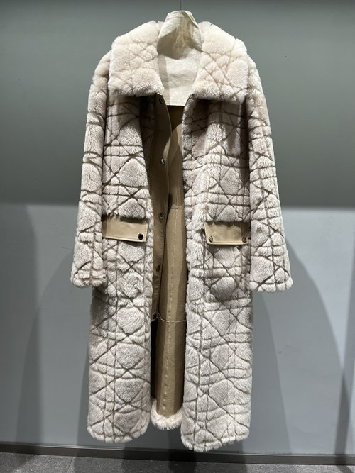 Dior Classic Dior Check Shearling Long Coat in Light Camel