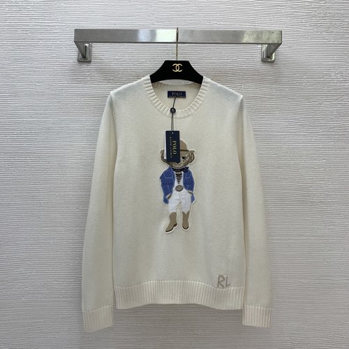 Polo Ralph Lauren Custom Silver Blend Yarn Sweater with Embroidered Bear