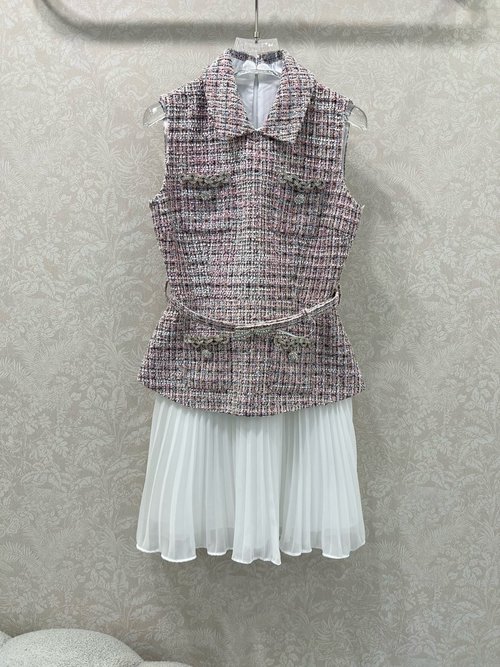 Chanel Embellished Chain Tweed Collarless Sleeveless Dress with Pleated Hem