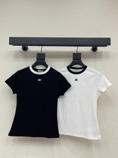Celine Color-blocked Embroidered Small Logo Round-neck Slim T-shirt