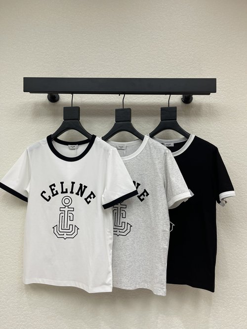 Celine Color-Blocked Collar Anchor Flocked Print Round Neck Short Sleeve T-Shirt, Fashionable