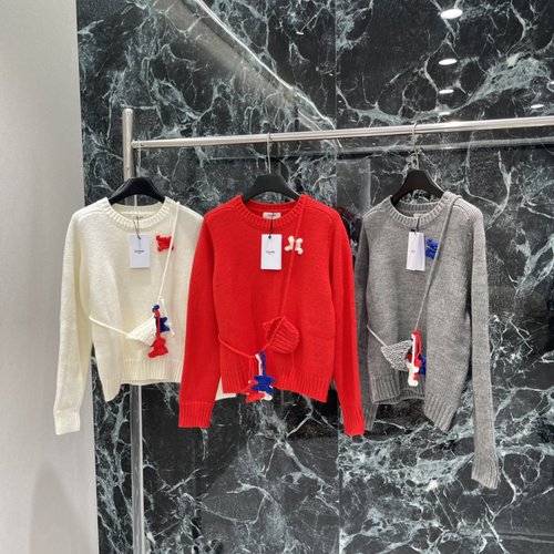 Celine Crochet Charm Round Neck Sweater with Contrasting Pin Backpack Accessory