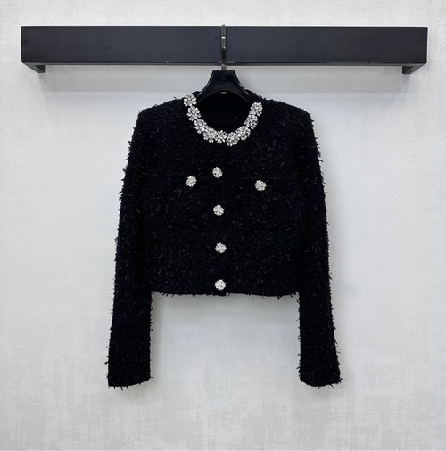 Self-Portrai Beaded Knit Cardigan with Collar Beading and Round Buttons