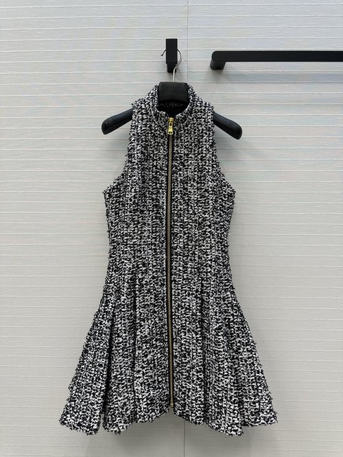 Balmain Stylish Pleated French Black & White Tweed Dress for Elegant Look