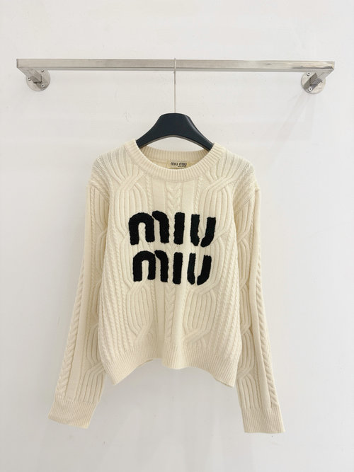 Miu Miu Knitwear with Black Letter Embroidery and Texture