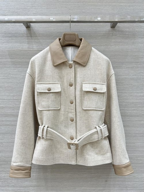 Hermes Exclusive Leather-Collar Workwear Trench Coat, Elegant and High-Class