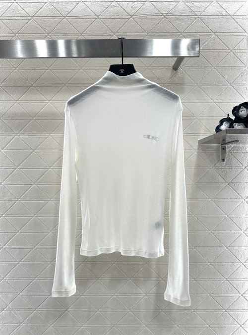 Celine Custom Wool High Collar Letter Embroidered Slim-fit Top, Versatile Colors