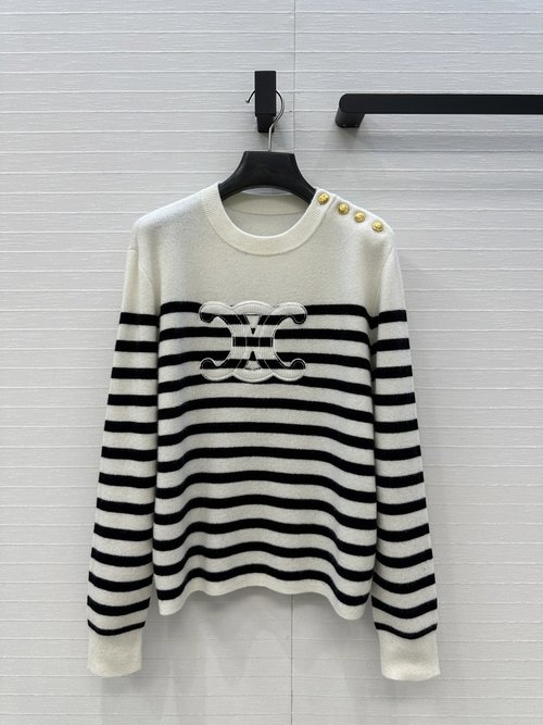 Celine Color-Blocked Logo Cashmere Sweater with Embellishments