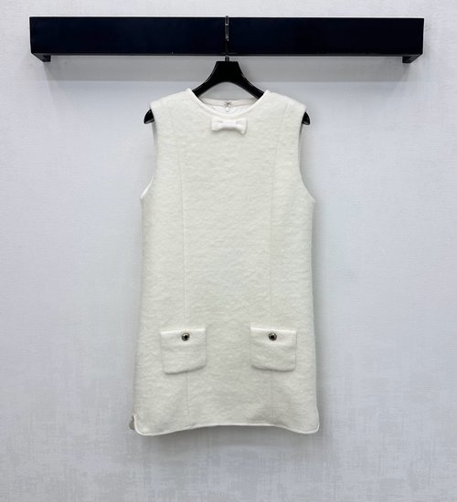 Chanel Elegant Woolen Sleeveless Dress with Bow and Logo Detail