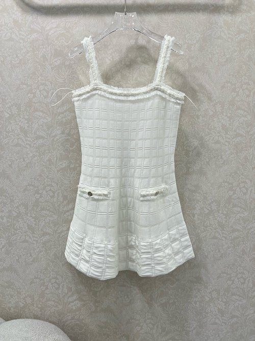 Chanel High - end Handmade Series White Furry Checkered Dress