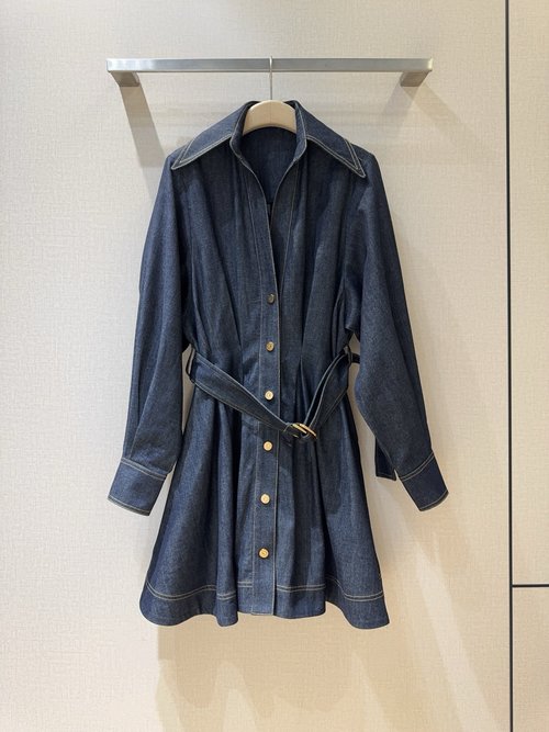 Zimmermann Denim Dress with Classic Collar, Gold Buttons and Belt