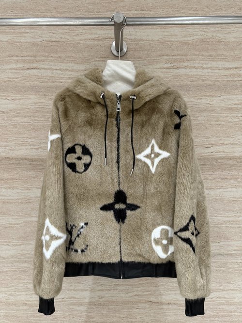 Louis Vuitton Classic Monogram Full-Print Hooded Mink Coat