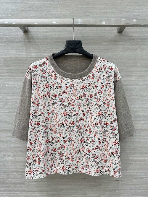 Loro Piana Exclusive High-end Printed Spliced Short-sleeve Cashmere Sweater