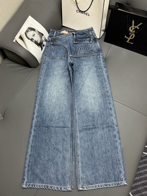 Miu Miu Designer Waistband Fleece - Lined Straight - Leg Jeans