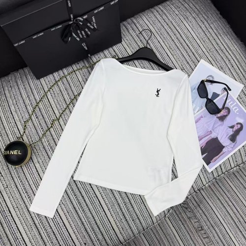 Yves Saint Laurent Embroidered Logo Long-Sleeve Top in Dual Tones