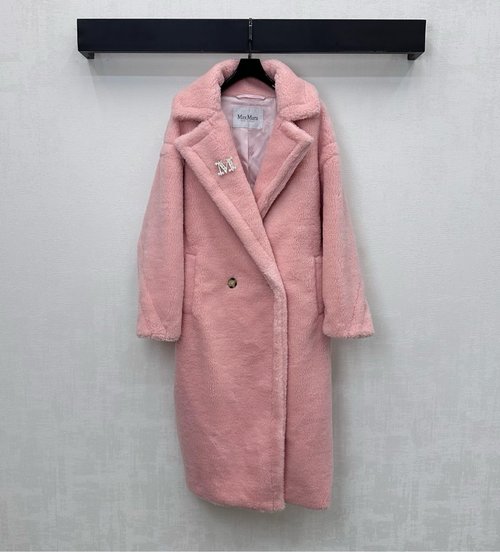 Max Mara Long Lapel Brooch Coat with Embroidered Logo, Soft Wool Blend