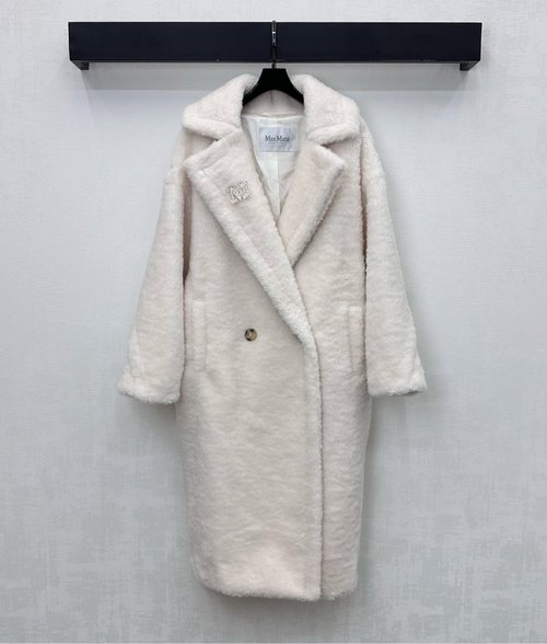 Max Mara Long Lapel Brooch Coat with Embroidered Logo, Soft Wool Blend