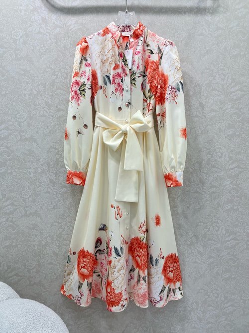 Zimmermann Elegant Peony-Printed Dress with Waist Belt, Cotton Fabric