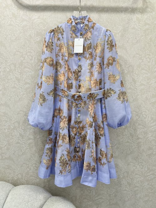 Zimmermann Purple Short Collared Dress with Lantern Sleeves and Flared Skirt