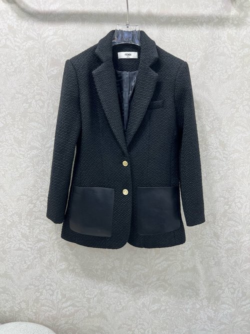 Fendi Imported Woolen Blazer with Leather Pockets and Double F Lining