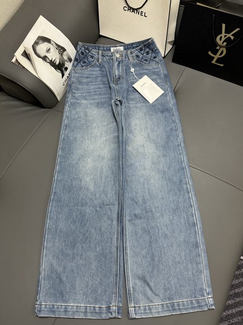 Chanel Small - Checked Winter Jeans with Pocket Embroideries