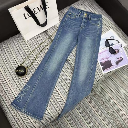 Loewe Early Collection: Diamond - Studded Logo Printed Flare Denim Trousers with Fleece