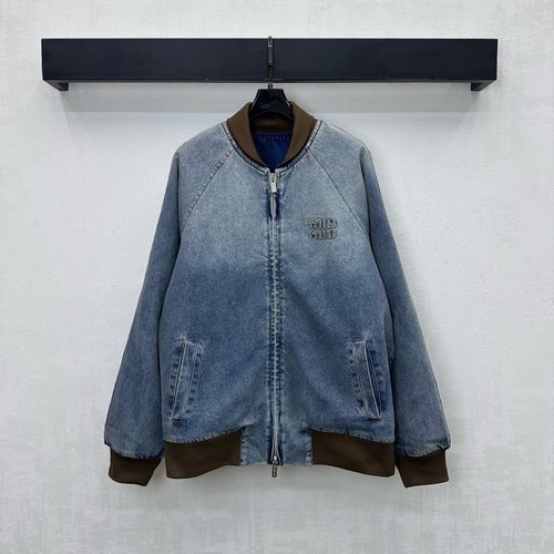 Miu Miu Denim Baseball Jacket with Embroidered Logo