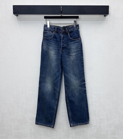 Celine High-Waisted Straight Jeans with Leather Logo Patch
