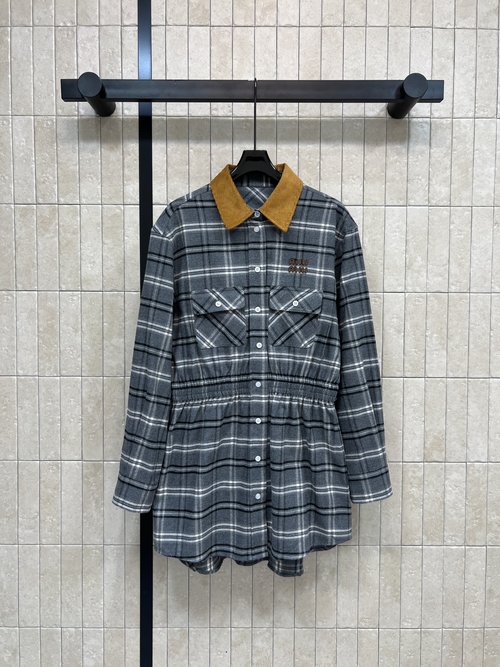 Miu Miu Vintage College-style Grey Wool Check Dress with Corduroy Collar