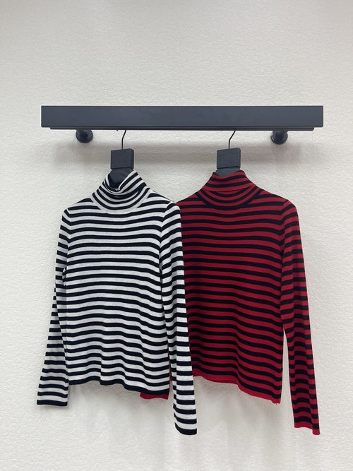 Valentino Soft Wool High-Neck Striped Knit Long-Sleeve Top