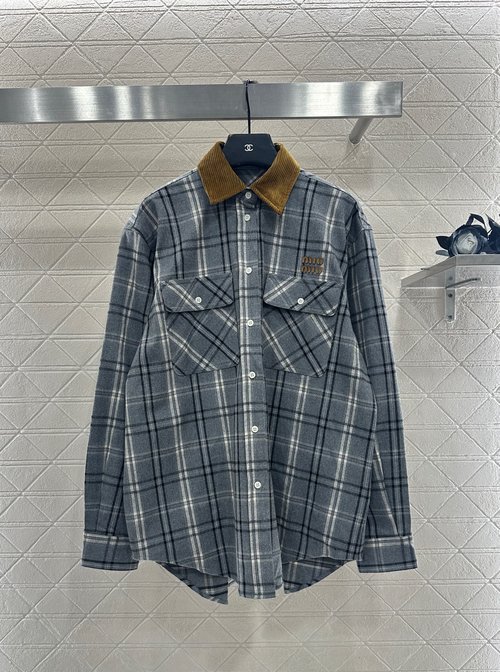 Versace Checked Oversized Cotton Wool Shirt with Collar Collision