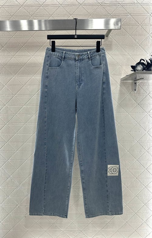 Chanel Customized Denim Straight-Leg Pants with Branded Details